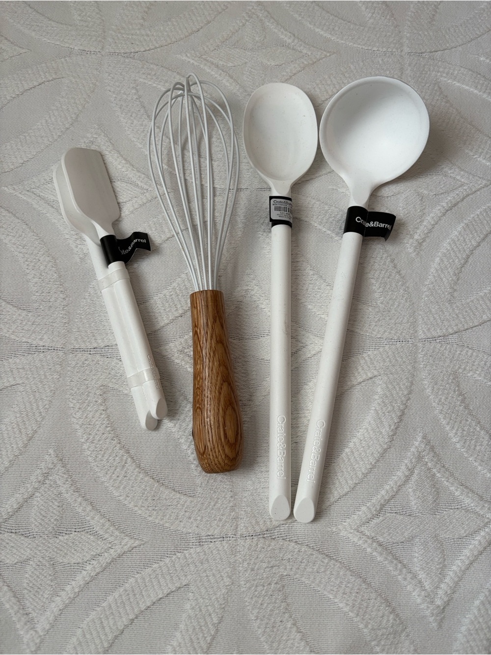 Crate&Barrel White Silicone Utensil Set with Wood-Handle Whisk